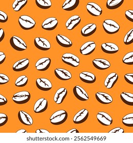 Coffee beans seamless pattern. Coffee beans motif on orange background for coffee shop background, packaging, wrapper