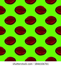 Coffee beans, seamless pattern on bright green background.