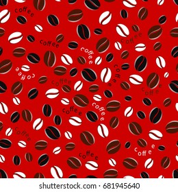 Coffee beans. Seamless pattern of coffee beans on red background .
