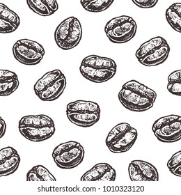 Coffee beans Seamless pattern. Realistic hand-drawn coffee beans. dark silhouettes on white background isolated vector for design packing and menu
