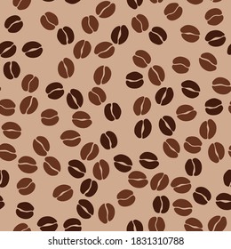 El café es un patrón sin fisuras. Semillas de café colocadas al azar sobre un fondo beige. Envolviendo textura repetitiva. Ilustración de diseño de vectores. Impresión de alta calidad para su menú, bar, cafetería, restaurante.