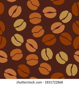Coffee beans seamless pattern. Seeds of coffee randomly placed on brown background. Wrapping repeating texture. Vector design illustration. High quality print for your menu, bar, cafe, restaurant.