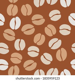 El café es un patrón sin fisuras. Semillas de café colocadas al azar sobre fondo marrón. Envolviendo textura repetitiva. Ilustración de diseño de vectores. Impresión de alta calidad para su menú, bar, cafetería, restaurante.