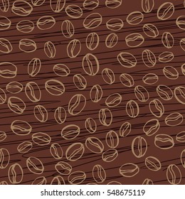 Coffee beans seamless pattern. Seeds of coffee randomly placed on brown scratched background. Wrapping repeating texture. Hand drawn vector eps8 illustration.