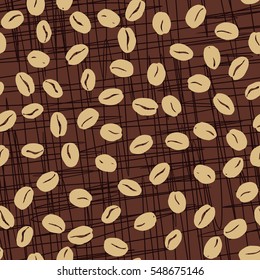 Coffee beans seamless pattern. Seeds of coffee randomly placed on brown scratched background. Wrapping repeating texture. Hand drawn vector eps8 illustration.