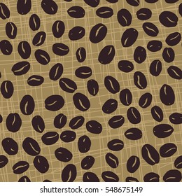 Coffee beans seamless pattern. Seeds of coffee randomly placed on brown scratched background. Wrapping repeating texture. Hand drawn vector eps8 illustration.