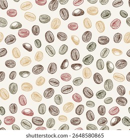 Coffee beans seamless pattern. Vector hand drawn sketch illustration. Colorful grains background. Trendy fabric design, wrapping paper, fashion textile print