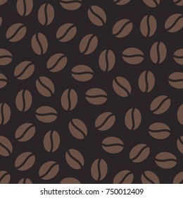 Coffee beans seamless pattern, vector background. Repeated dark brown texture for cafe menu, shop wrapping paper.