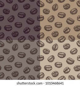 Coffee beans seamless patterns. dark brown silhouettes on brown background realistic hand-drawn coffee beans. For the design of packaging, walls and menus
