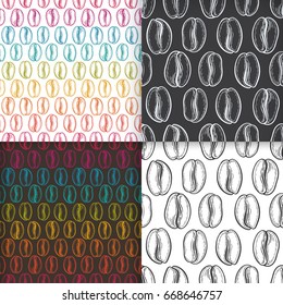Coffee beans seamless patterns set. Neutral background. Decorative doodle vector illustration