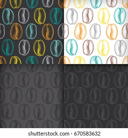 Coffee beans seamless patterns set. Neutral background. Decorative doodle vector illustration