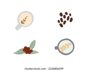 Coffee beans set with branch mugs beans