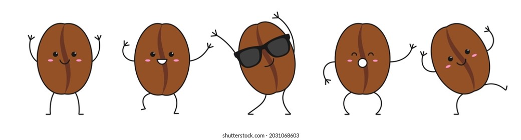 Coffee beans set character cartoon smiling face happy sweet emotions dark brown dance moves sign coffee drink vector illustration.