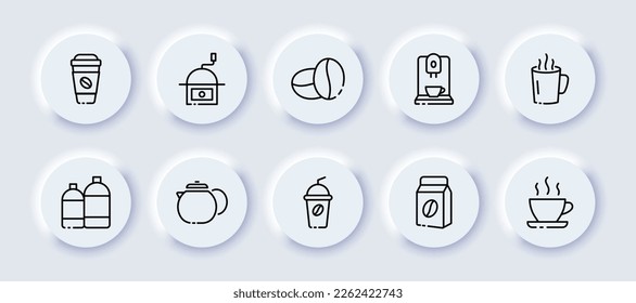 Coffee beans set icon. Hot drink, coffee, beans, cocoa, americano, cappuccino, latte, coffee shop, barista. Beverage concept. Neomorphism style. Vector line icon for Advertising