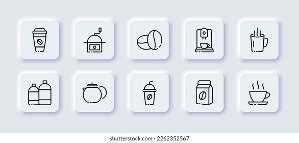 Coffee beans set icon. Mug, glass, coffee, latte, cappuccino, coffee grains, tea bag, care, coffee machine, tea. Hot drink concept. Neomorphism style. Vector line icon for Advertising