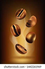 Coffee beans set on a dark background and steam, for design. 