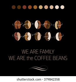 Coffee beans set vector illustration. Different colors, shapes and kinds.