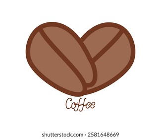 Coffee beans in the shape of a heart. Lettering, sign. International coffee day. Flat illustration on a white isolated background.
