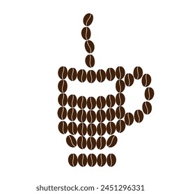 Coffee beans shaped cup with steam and saucer Coffee Day greetings or sticker, icon design concept 