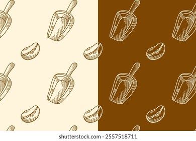 coffee beans and shovel doodle seamless pattern on brown white background for print on packaging, merchandise.  retro coffee shovel and bean pattern background. pattern of coffee vector background