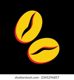 Kaffeebohnen signieren. 3D-extrudiertes gelbes Symbol mit roten Seiten auf schwarzem Hintergrund. Illustration.