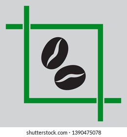 Coffee beans sign. Black icon inside green crop tool at light gray background