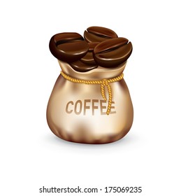 coffee beans with "coffee" sign in burlap sack isolated on white 