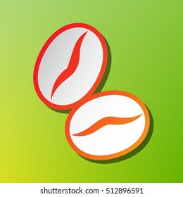 Coffee beans sign. Contrast icon with reddish stroke on green backgound.