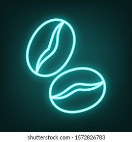 Coffee beans sign. Cyan neon icon in the dark. Bluring. Luminescence. Illustration.