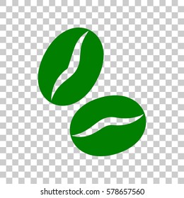 Coffee beans sign. Dark green icon on transparent background.