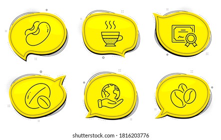 Coffee beans sign. Diploma certificate, save planet chat bubbles. Cafe creme, Soy nut and Beans line icons set. Hot coffee, Vegetarian food, Vegetarian seed. Roasted seeds. Food and drink set. Vector