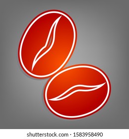 Coffee beans sign. Flat red icon with linear white icon with gray shadow at grayish background. Illustration.