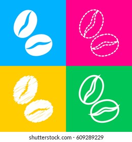 Coffee beans sign. Four styles of icon on four color squares.