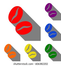 Coffee beans sign. Set of red, orange, yellow, green, blue and violet icons at white background with flat shadow.