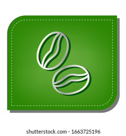 Coffee beans sign. Silver gradient line icon with dark green shadow at ecological patched green leaf. Illustration.