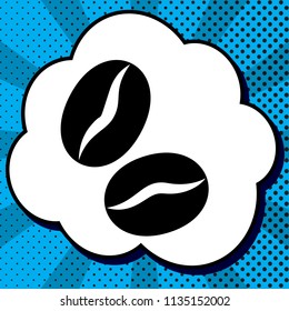 Coffee beans sign. Vector. Black icon in bubble on blue pop-art background with rays.