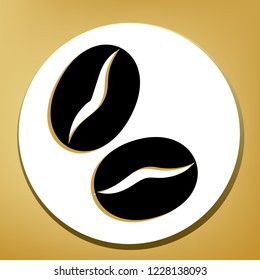 Coffee beans sign. Vector. Black icon with light brown shadow in white circle with shaped ring at golden background.