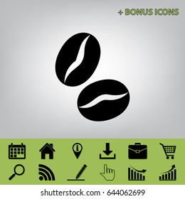 Coffee beans sign. Vector. Black icon at gray background with bonus icons 