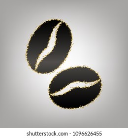 Coffee beans sign. Vector. Blackish icon with golden stars at grayish background.