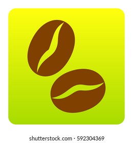 Coffee beans sign. Vector. Brown icon at green-yellow gradient square with rounded corners on white background. Isolated.