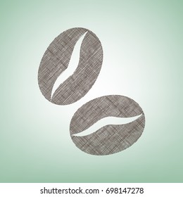 Coffee beans sign. Vector. Brown flax icon on green background with light spot at the center.