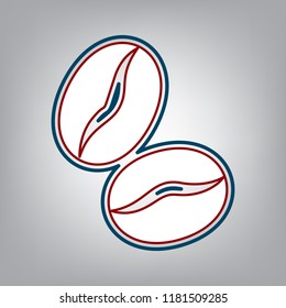 Coffee beans sign. Vector. Dark red, transparent and midnight green stroke of white icon at grayish background.