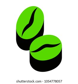 Coffee beans sign. Vector. Green 3d icon with black side on white background. Isolated.