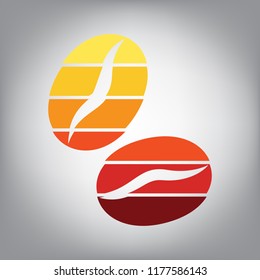 Coffee beans sign. Vector. Horizontally sliced icon with colors from sunny gradient in gray background.