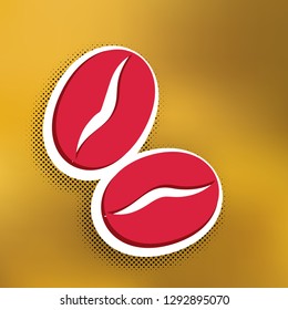 Coffee beans sign. Vector. Magenta icon with darker shadow, white sticker and black popart shadow on golden background.