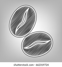 Coffee beans sign. Vector. Pencil sketch imitation. Dark gray scribble icon with dark gray outer contour at gray background.