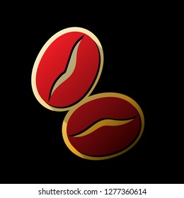 Coffee beans sign. Vector. Red icon with small black and limitless shadows at golden sticker on black background.