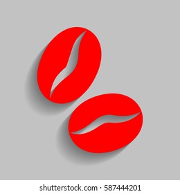 Coffee beans sign. Vector. Red icon with soft shadow on gray background.