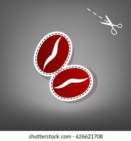 Coffee beans sign. Vector. Red icon with for applique from paper with shadow on gray background with scissors.