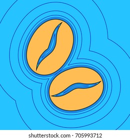 Coffee beans sign. Vector. Sand color icon with black contour and equidistant blue contours like field at sky blue background. Like waves on map - island in ocean or sea.